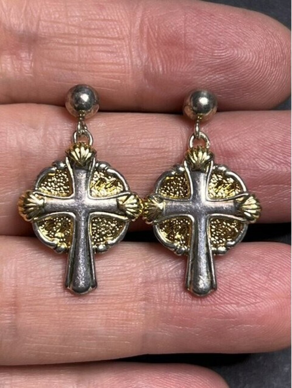 B5652 VTG Gorham Sterling Silver & Gold vermeil footprints Cross Earrings 6.8g